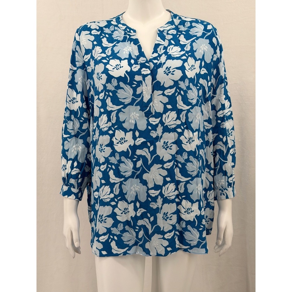 Hobbs Top Womens 14 Blue Floral Tunic V-Neck Popover Lightweight Sheer Tropical